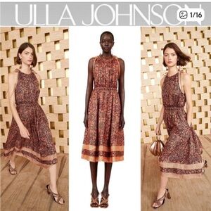 ULLA JOHNSON Mika Print Halter Neck Silk Midi Dress Size 8 $730 Tie Shoulders